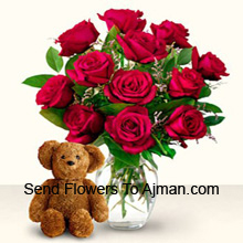 12 Red Roses with Cute 12 Inch Teddy