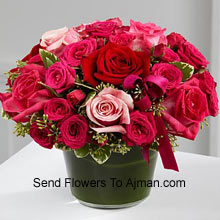Red and Pink Basket of 24 Roses